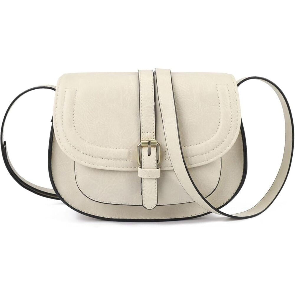 Women Beige Imported Vegan Leather Small Saddle Crossbody Bags